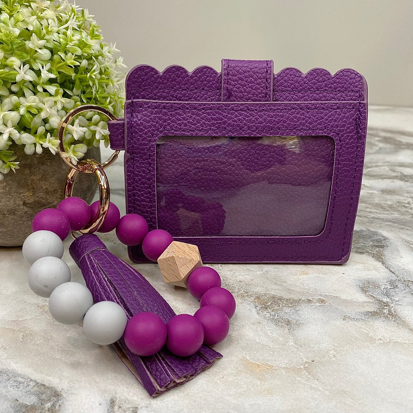 Silicone Bracelet Keychain with Scalloped Card Holder - Purple