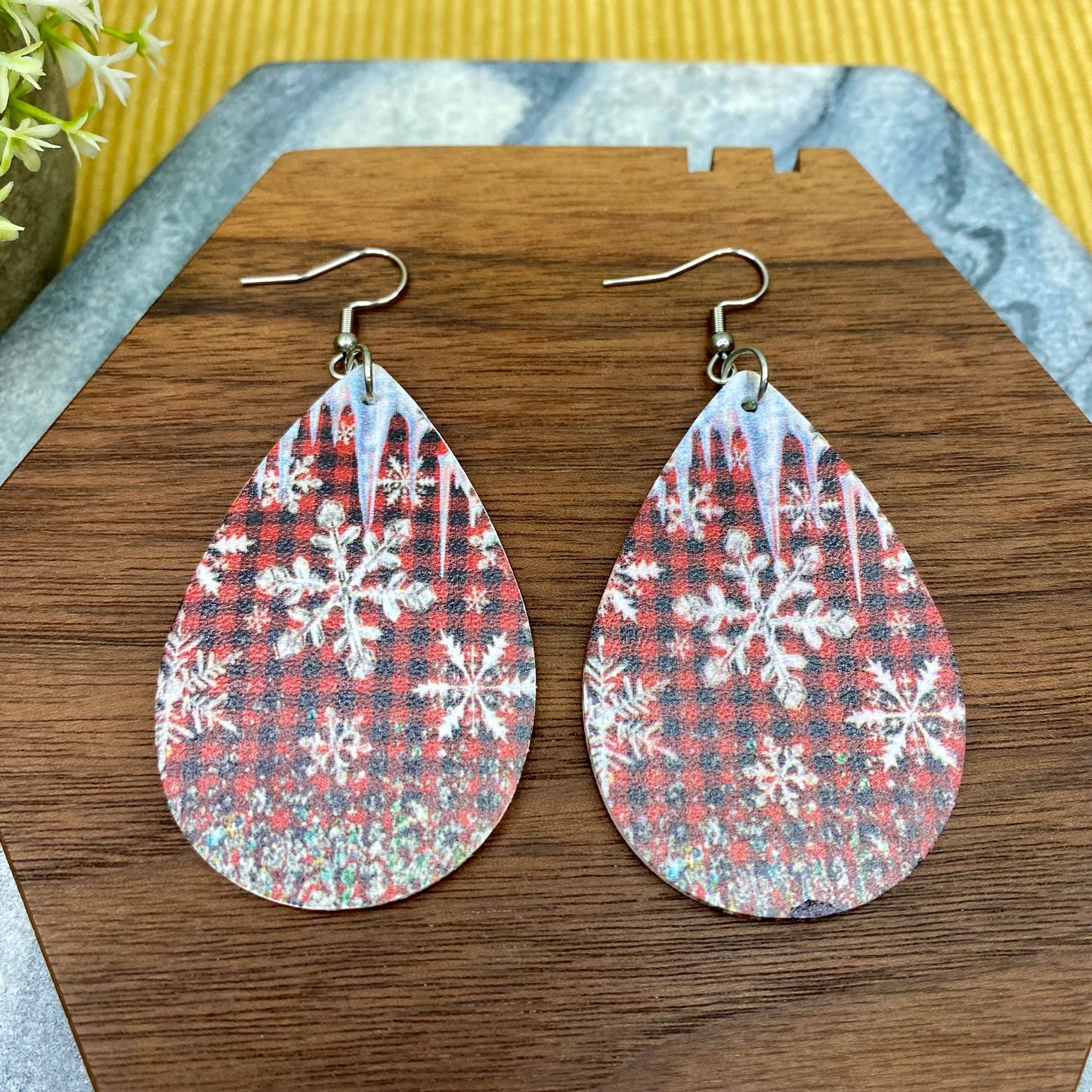 Faux Leather Earrings - Christmas - Plaid Snowflake