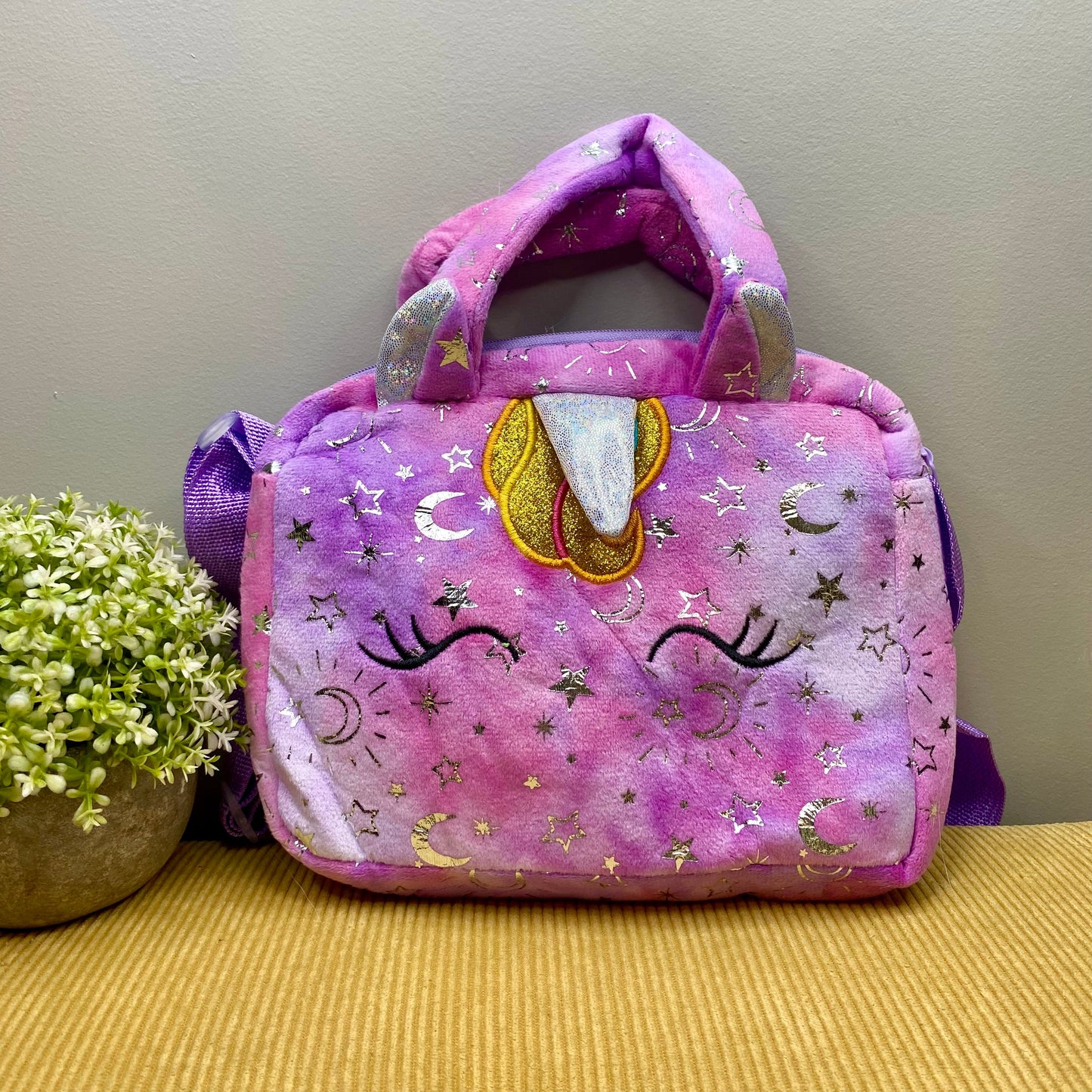 Unicorn Purse with Handles - Purple Pink Stars