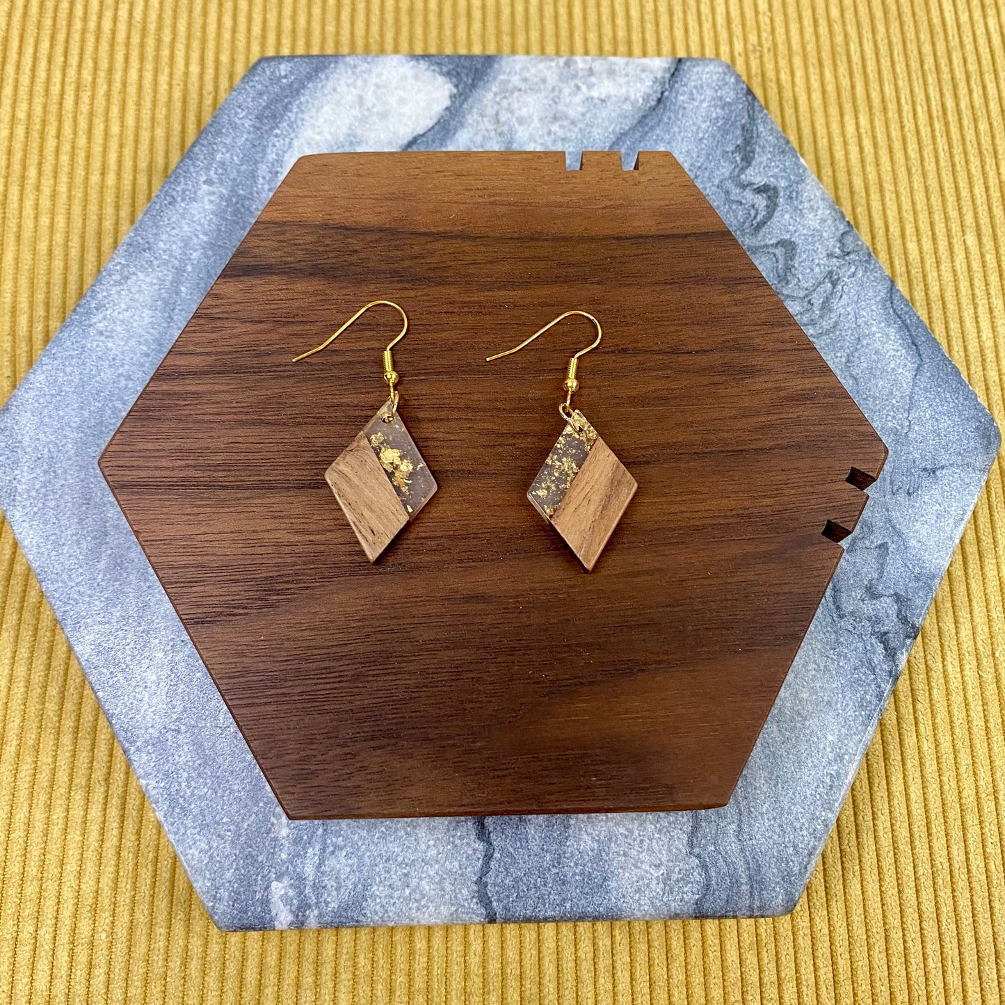 Dangle Earring - Wood & Acrylic - Clear Gold Wood Kite Shaped