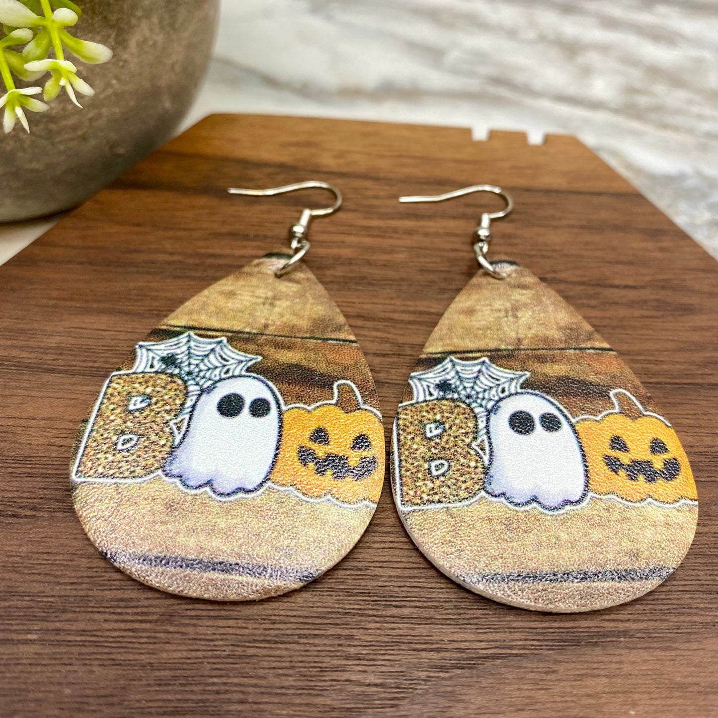 Faux Leather Earrings - Halloween - Boo