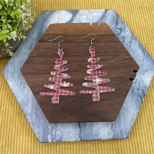 Faux Leather Earrings - Christmas - Snowflake Tree Shape on Plaid