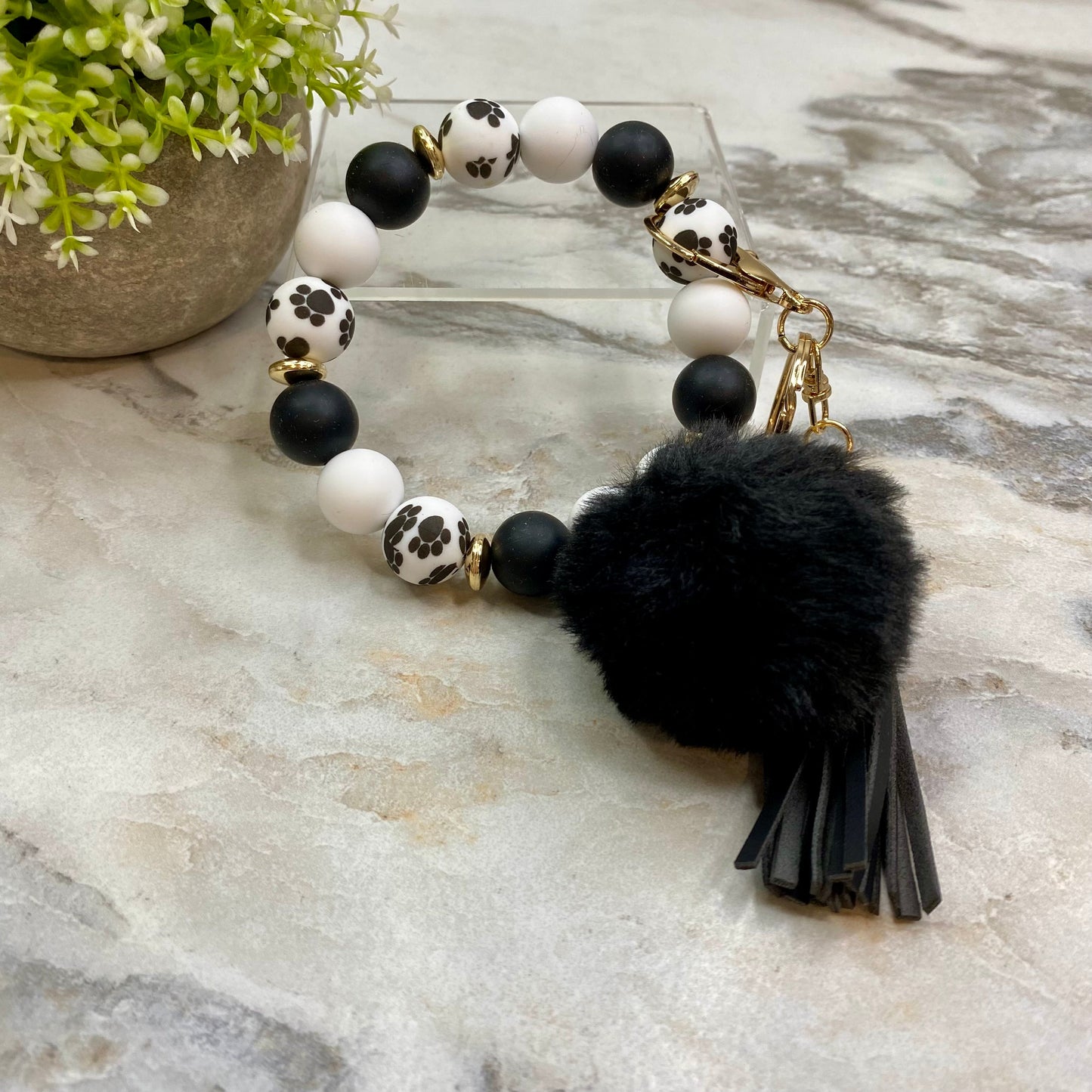 Silicone Bracelet Keychain - Tassel & Pom Pom- Black & White Paw