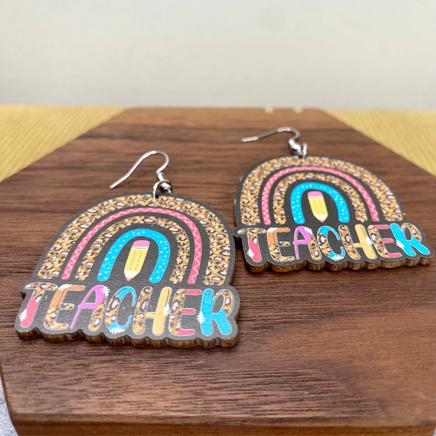 Wooden Dangle Earrings - Teacher - Rainbow