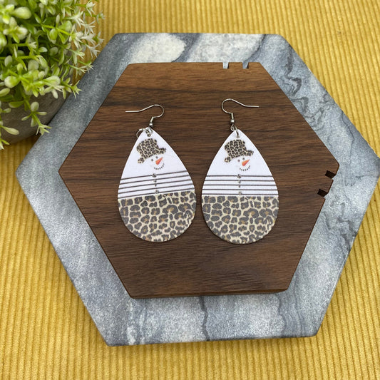 Faux Leather Earrings - Christmas - Animal Print Snowman