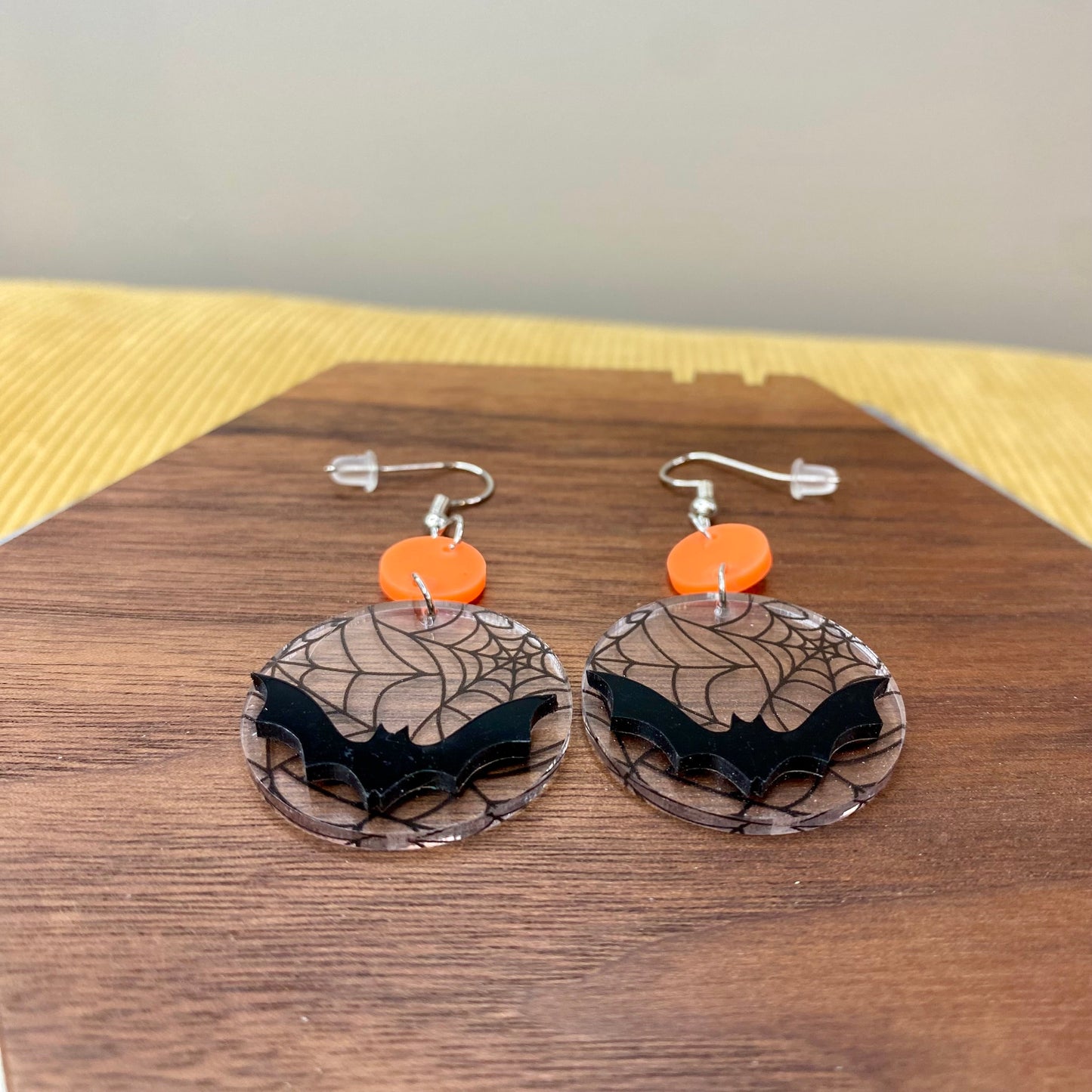 Dangle Earring - Acrylic - 3D Bat Clear Web Background Halloween