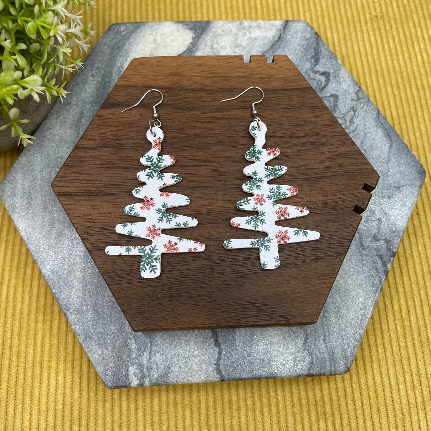 Faux Leather Earrings - Christmas - Snowflake Tree Shape on White