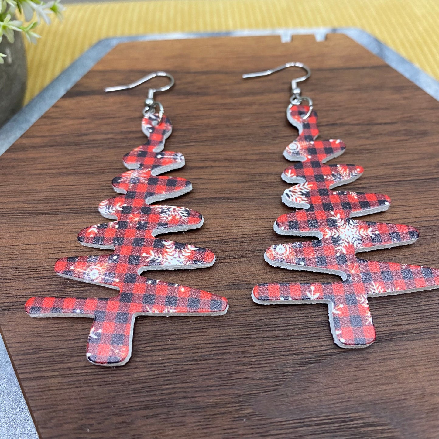 Faux Leather Earrings - Christmas - Snowflake Tree Shape on Plaid