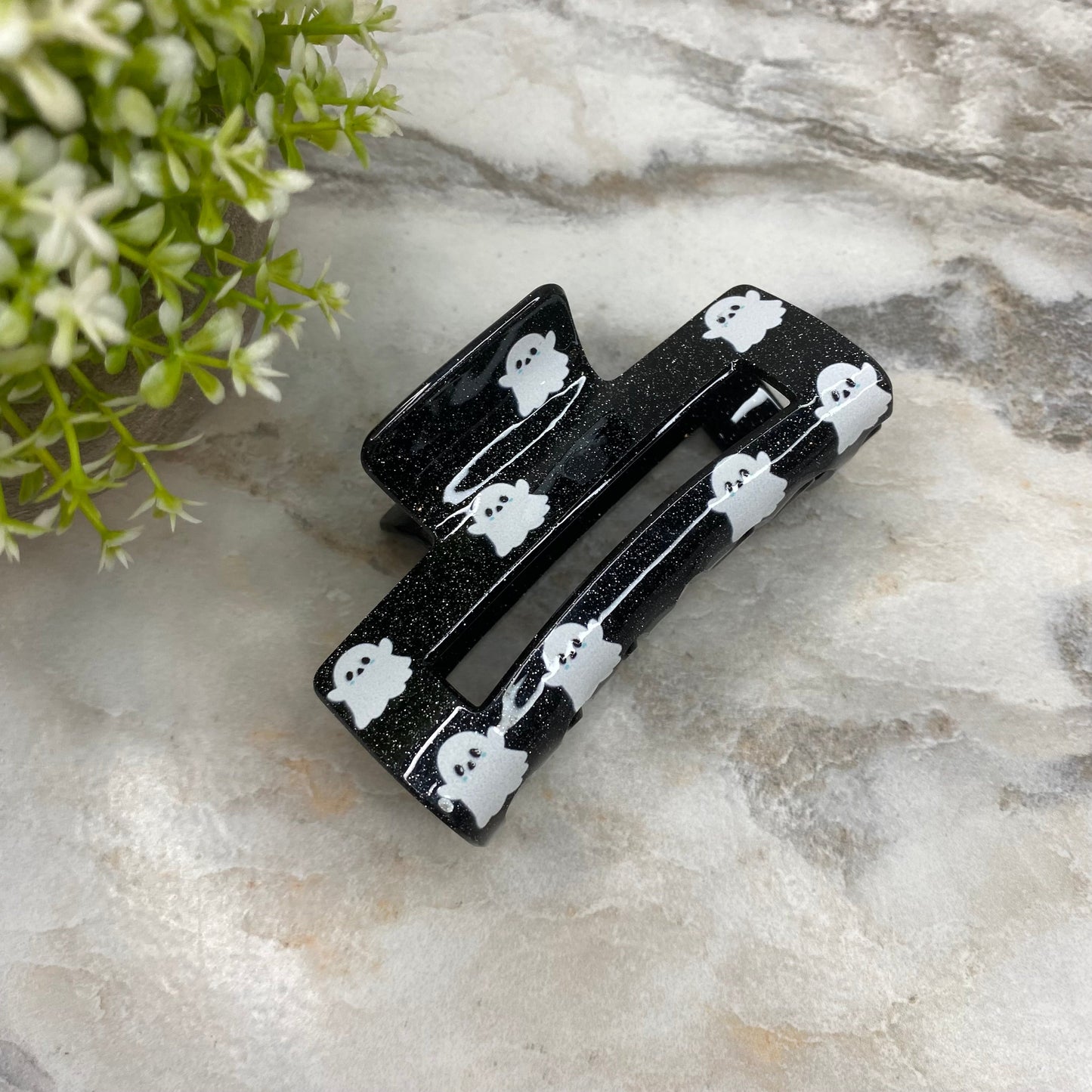 Hair Clip - Black Glitter with Ghosts