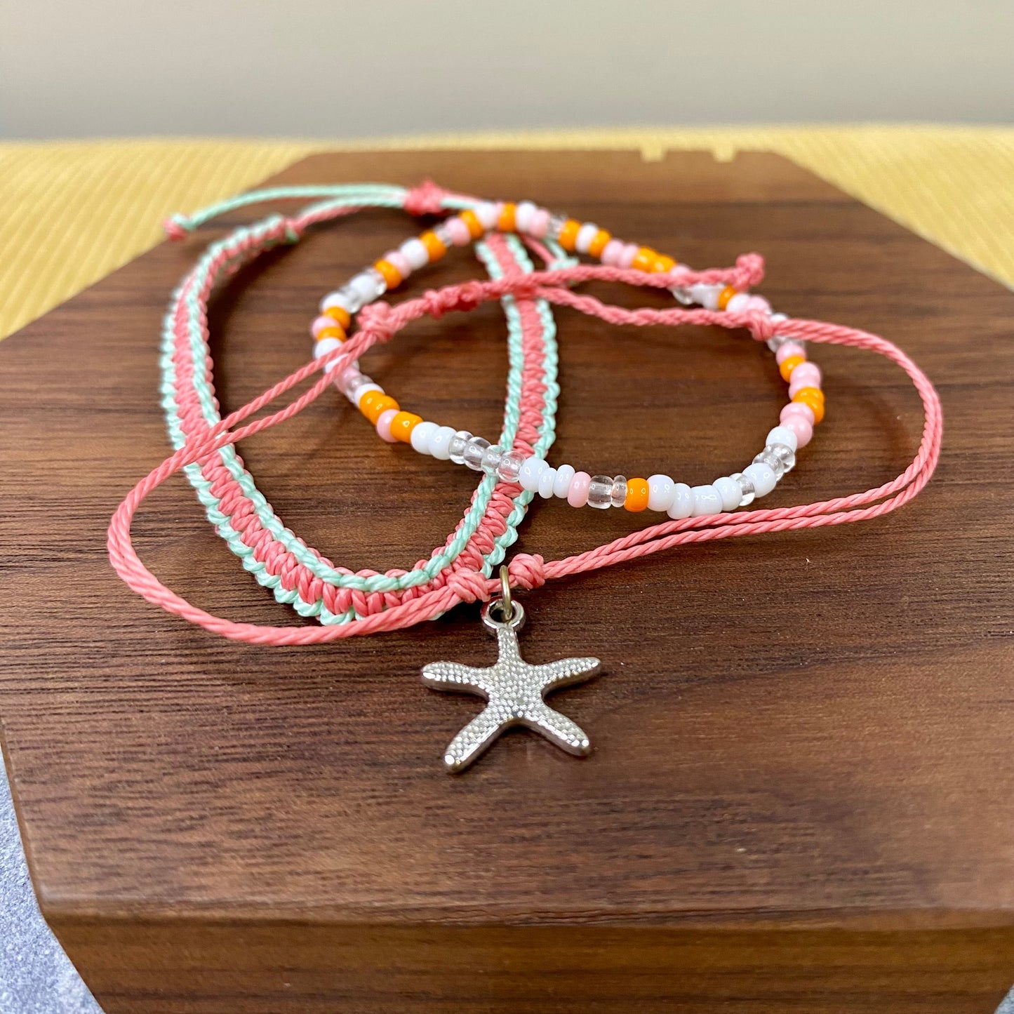 Bracelet Pack - Adjustable String & Bead Coral Starfish