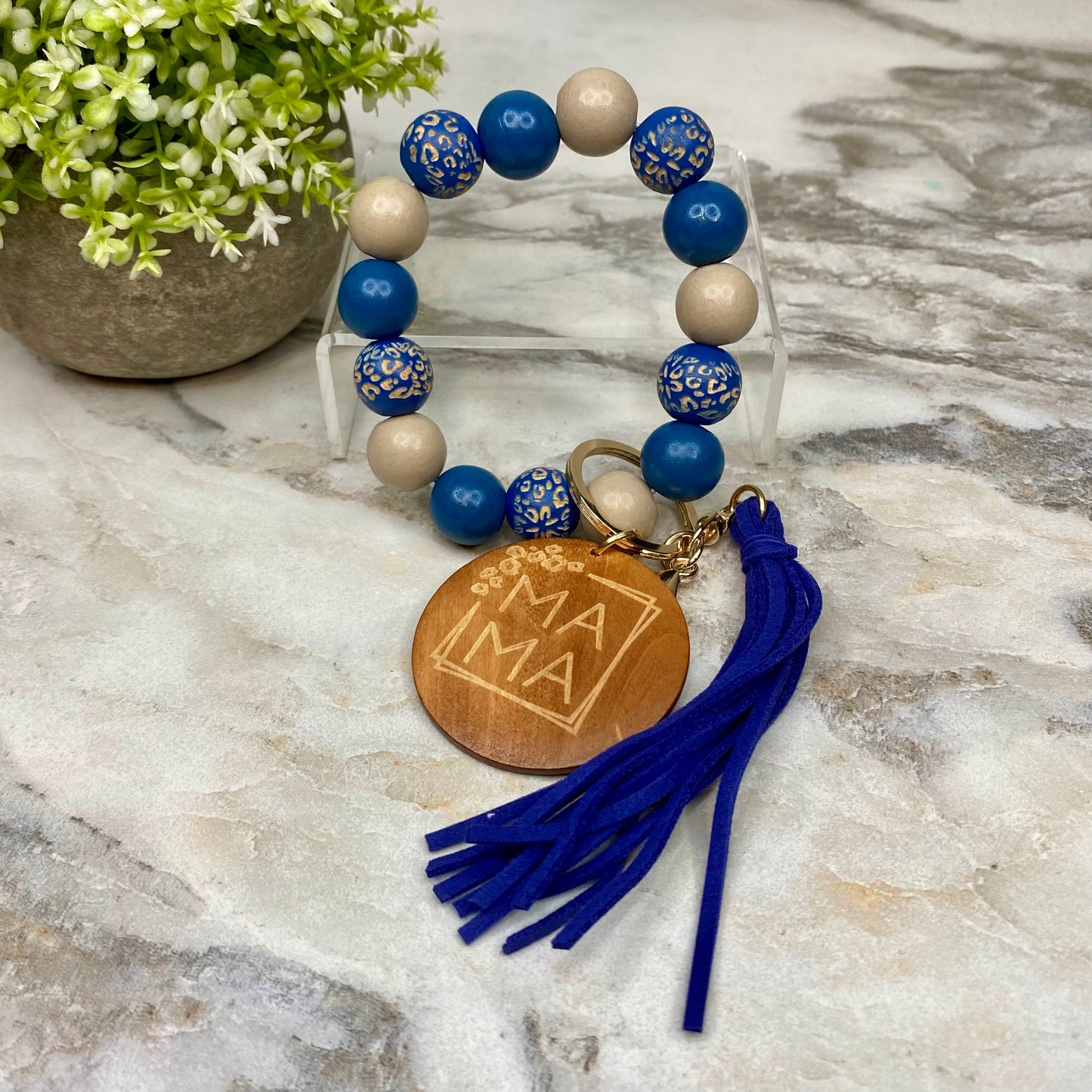 Wooden Bead Bracelet Keychain - Mama - Navy Blue