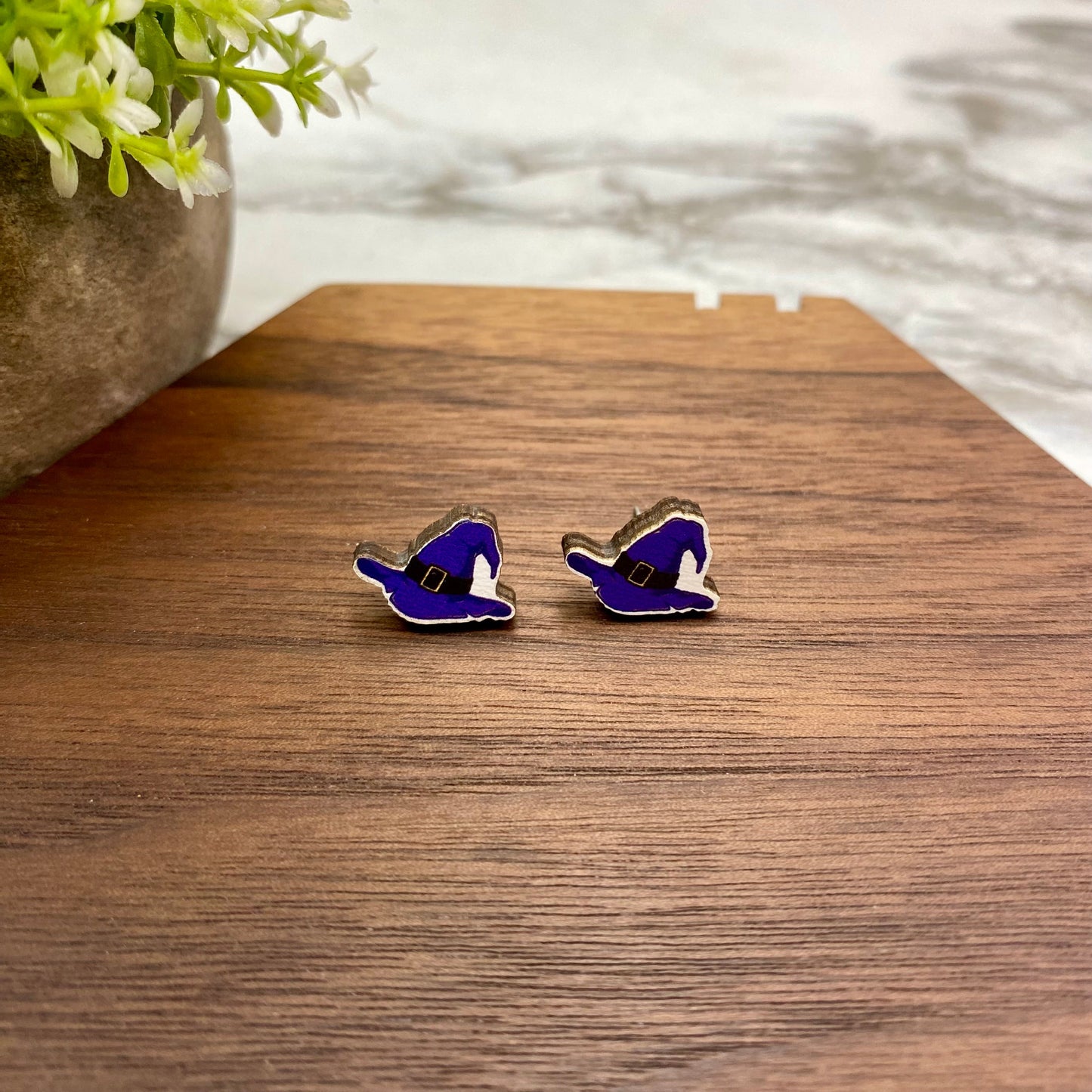 Wooden Stud Earrings - Halloween - Purple Witch Hat