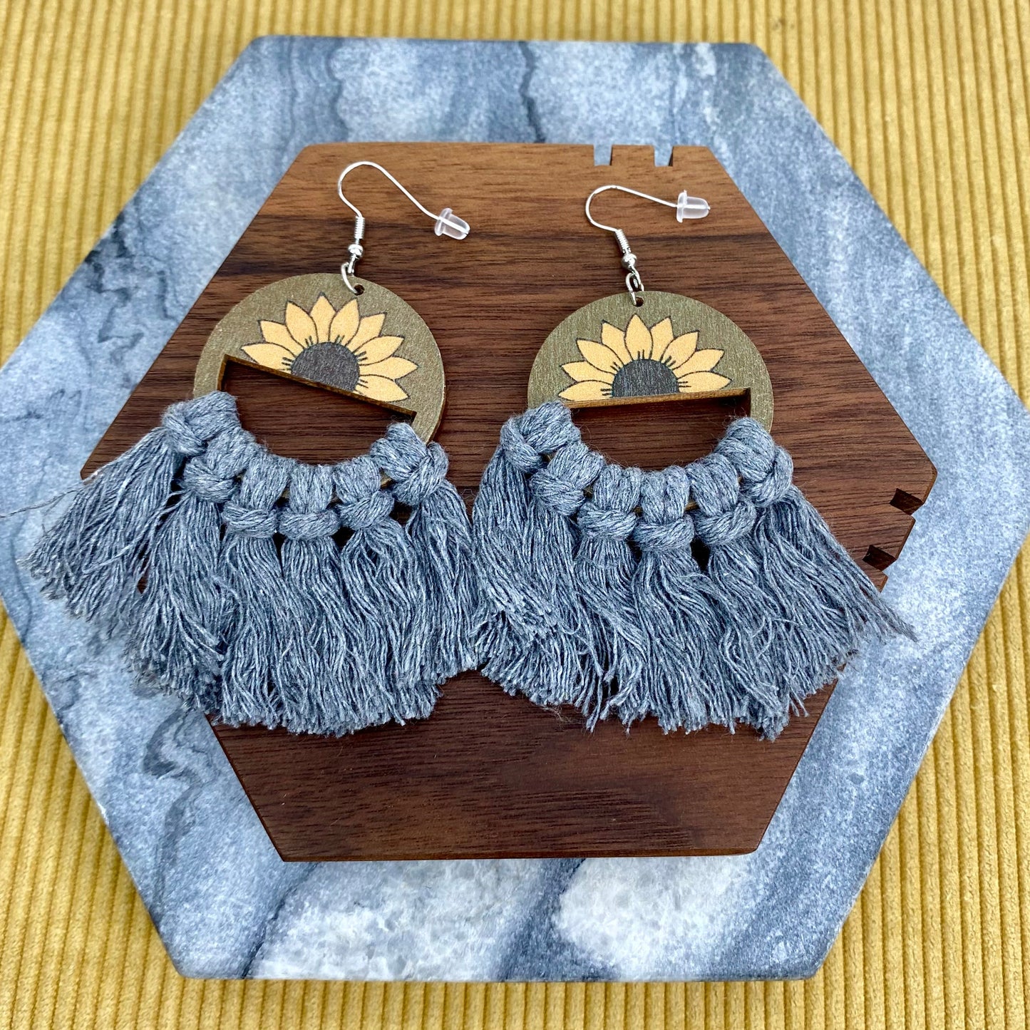 Wood & Macrame Earrings - Half Sunflower