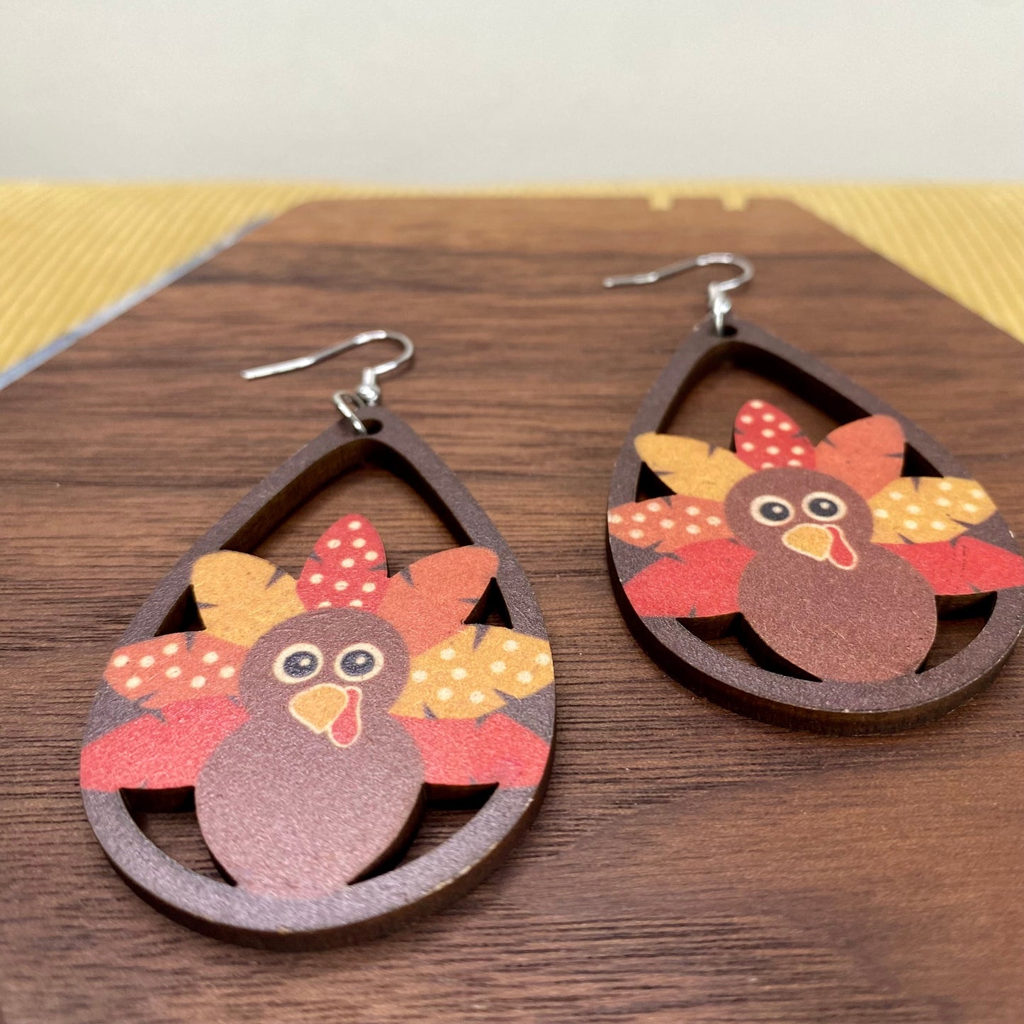 Wooden Dangle Earrings - Fall - Turkey Cutout Teardrop