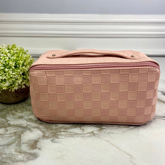 Oversized Lay Flat Cosmetic Bag - Checkered - Pink