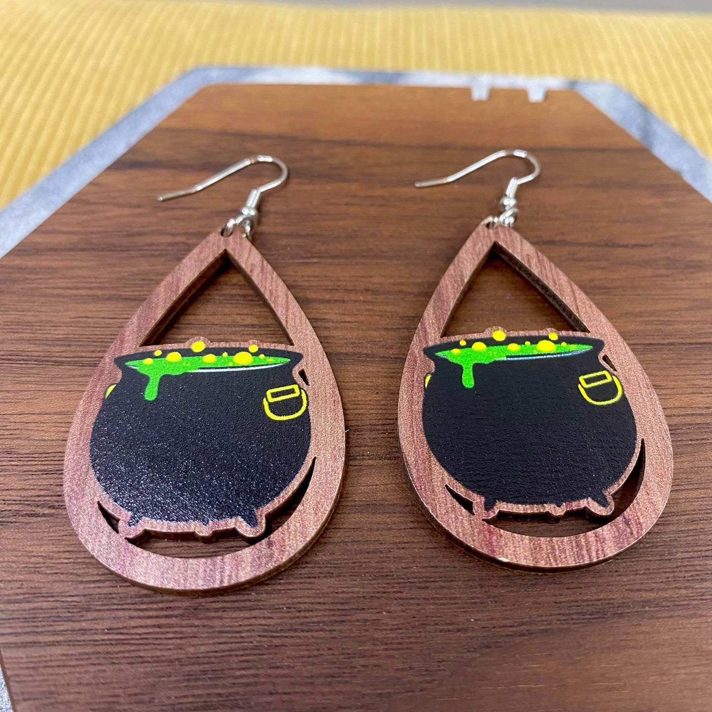 Wooden Teardrop Cutout Earrings - Halloween - Cauldron