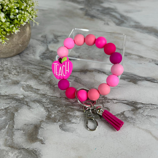 Silicone Bracelet Keychain - Teach, Hot Pink